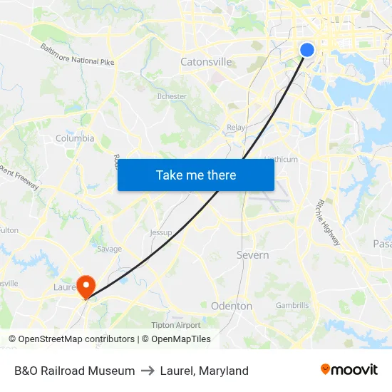 B&O Railroad Museum to Laurel, Maryland map