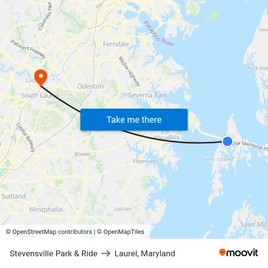 Stevensville Park & Ride to Laurel, Maryland map