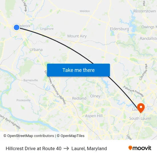 Hillcrest Drive at Route 40 to Laurel, Maryland map