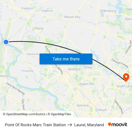Point Of Rocks Marc Train Station to Laurel, Maryland map