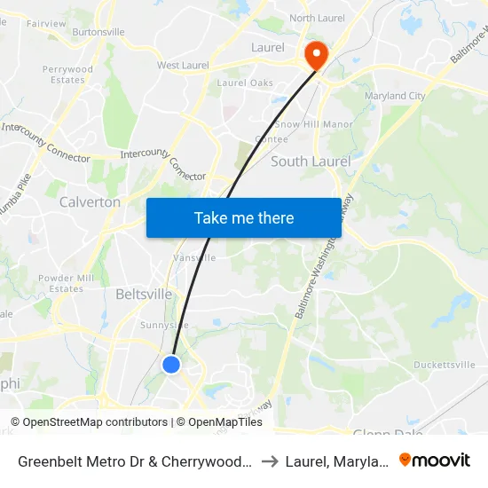 Greenbelt Metro Dr & Cherrywood Ln to Laurel, Maryland map