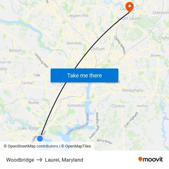 Woodbridge to Laurel, Maryland map