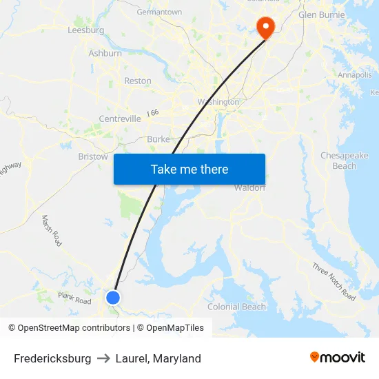 Fredericksburg to Laurel, Maryland map