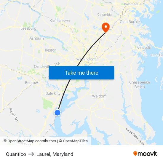 Quantico to Laurel, Maryland map