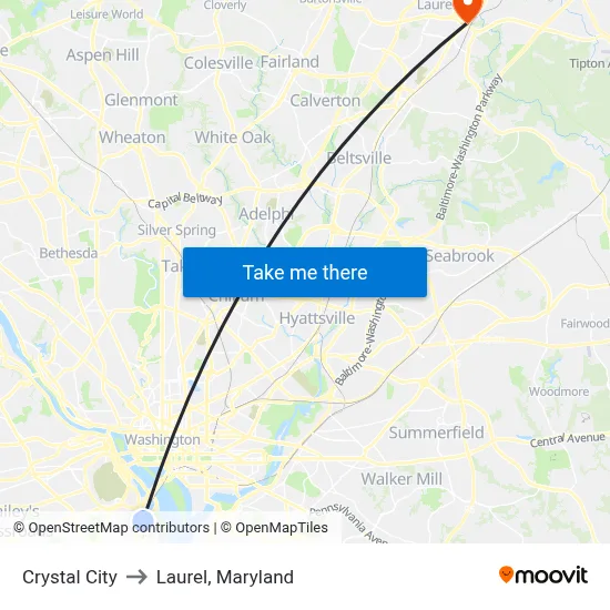 Crystal City to Laurel, Maryland map