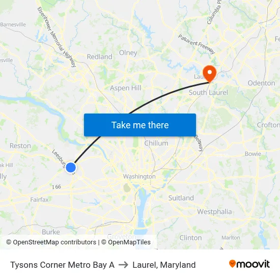 Tysons Corner Metro Bay A to Laurel, Maryland map