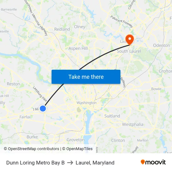 Dunn Loring Metro Bay B to Laurel, Maryland map