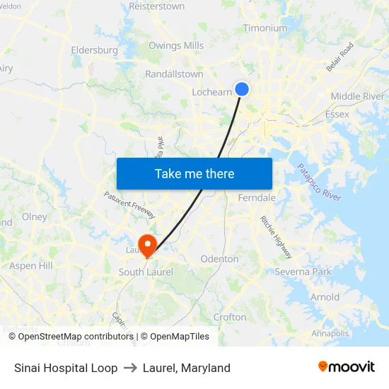 Sinai Hospital Loop to Laurel, Maryland map