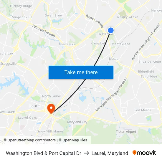 Washington Blvd & Port Capital Dr to Laurel, Maryland map