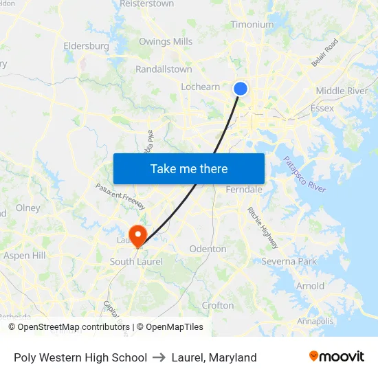 Poly Western High School to Laurel, Maryland map