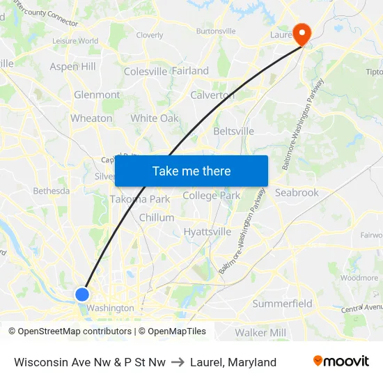 Wisconsin Ave Nw & P St Nw to Laurel, Maryland map