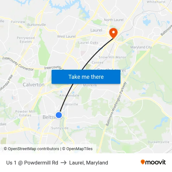 Us 1 @ Powdermill Rd to Laurel, Maryland map