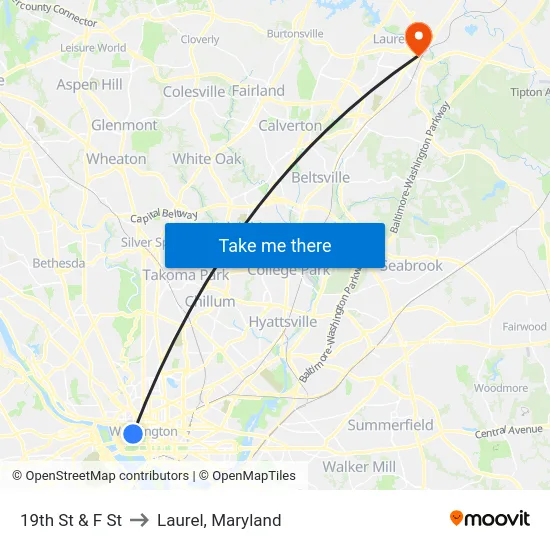 19th St & F St to Laurel, Maryland map