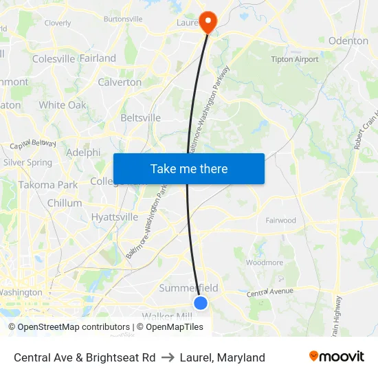 Central Ave & Brightseat Rd to Laurel, Maryland map