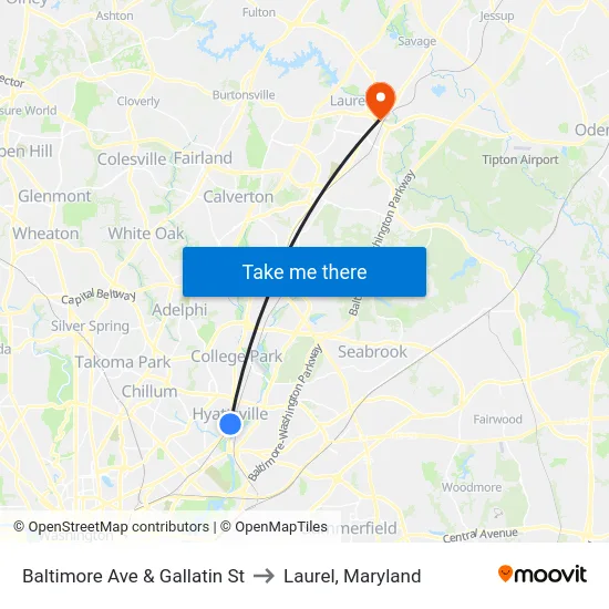 Baltimore Ave & Gallatin St to Laurel, Maryland map
