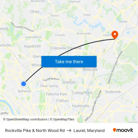 Rockville Pike & North Wood Rd to Laurel, Maryland map