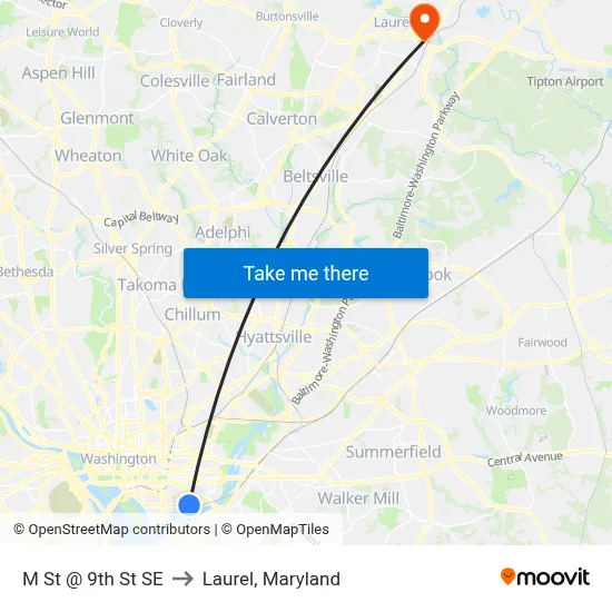 M St @ 9th St SE to Laurel, Maryland map