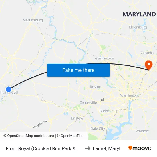 Front Royal (Crooked Run Park & Ride) to Laurel, Maryland map
