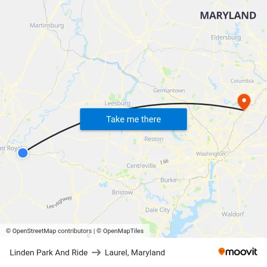 Linden Park And Ride to Laurel, Maryland map
