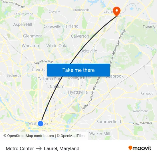 Metro Center to Laurel, Maryland map