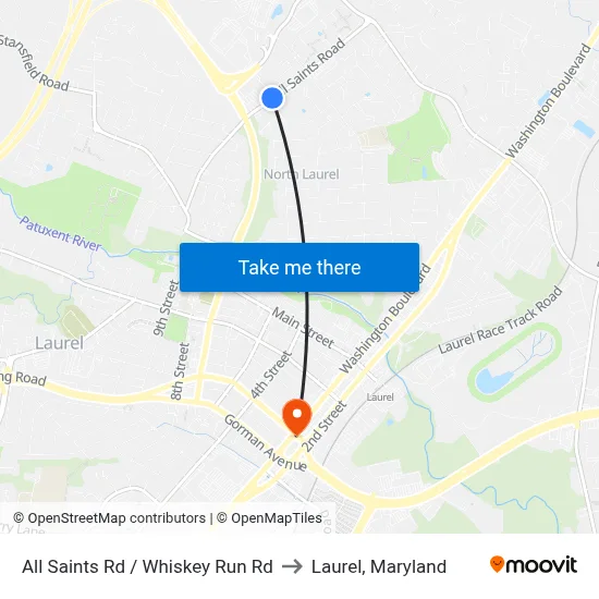 All Saints Rd / Whiskey Run Rd to Laurel, Maryland map
