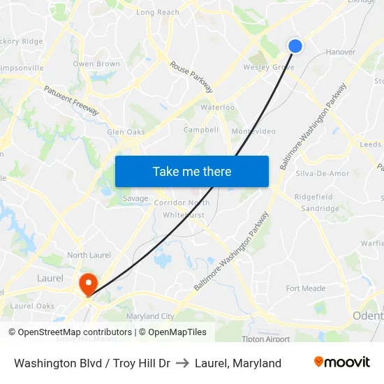 Washington Blvd / Troy Hill Dr to Laurel, Maryland map