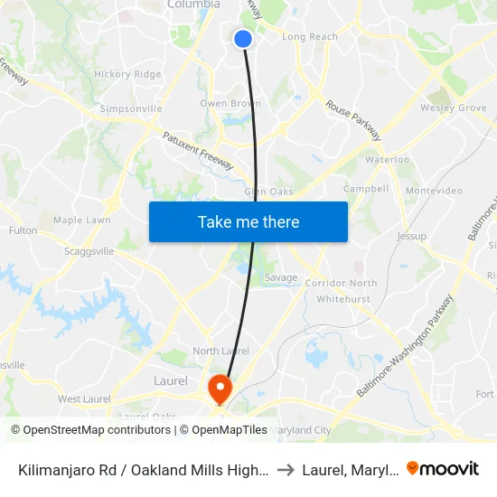 Kilimanjaro Rd / Oakland Mills High School to Laurel, Maryland map