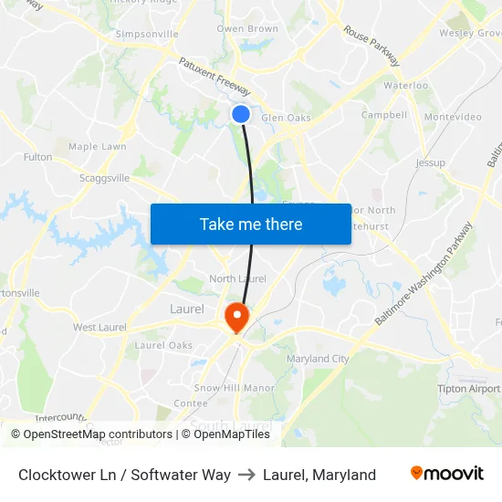Clocktower Ln / Softwater Way to Laurel, Maryland map
