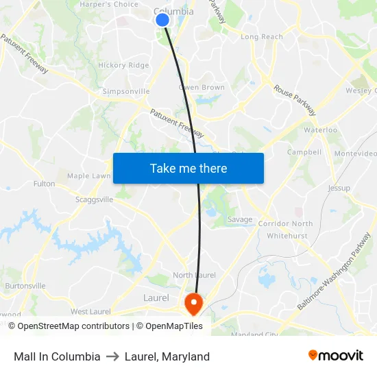 Mall In Columbia to Laurel, Maryland map