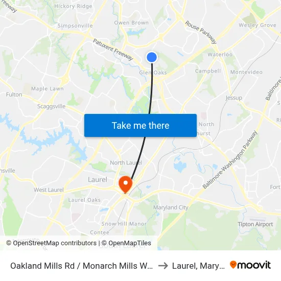 Oakland Mills Rd / Monarch Mills Way South to Laurel, Maryland map