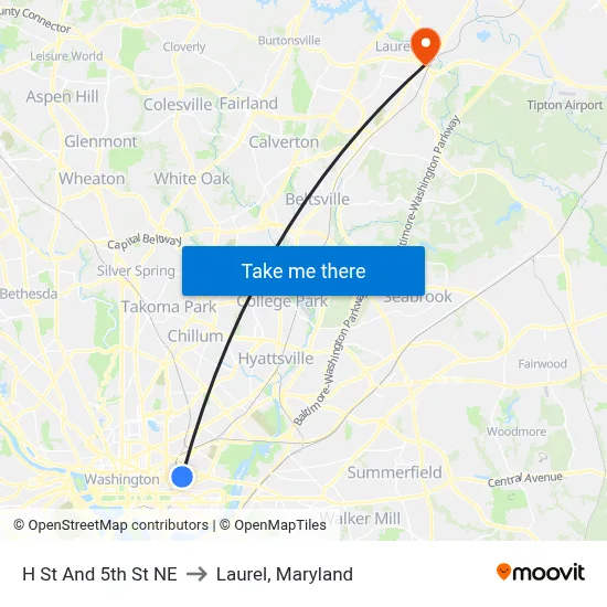 H St And 5th St NE to Laurel, Maryland map