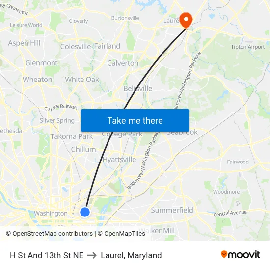 H St And 13th St NE to Laurel, Maryland map