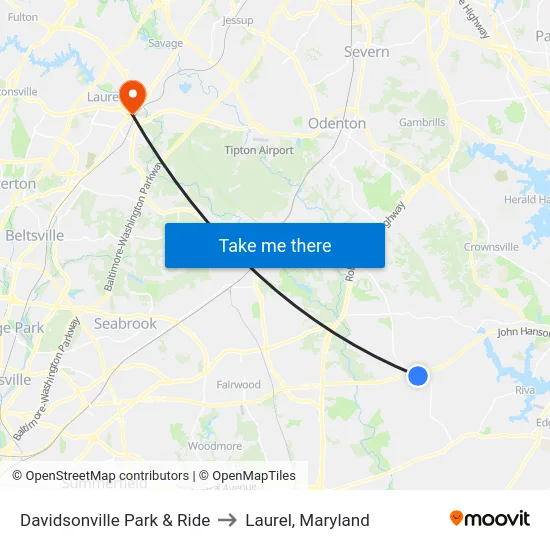 Davidsonville Park & Ride to Laurel, Maryland map