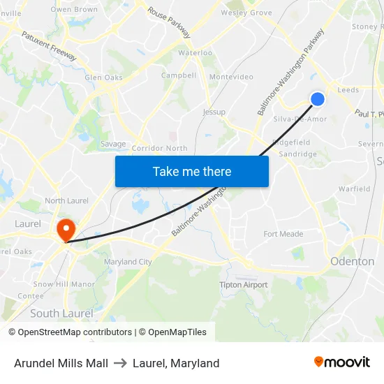 Arundel Mills Mall to Laurel, Maryland map