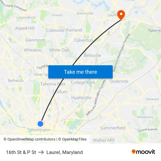 16th St & P St to Laurel, Maryland map