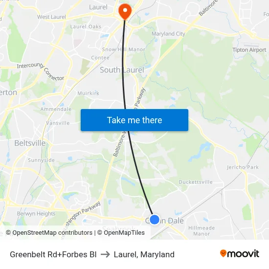 Greenbelt Rd+Forbes Bl to Laurel, Maryland map
