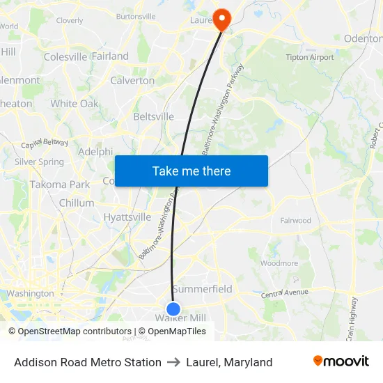 Addison Road Metro Station to Laurel, Maryland map