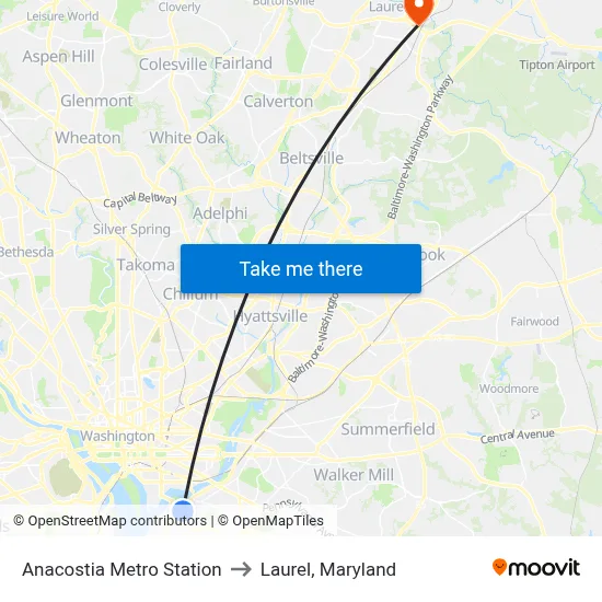 Anacostia Metro Station to Laurel, Maryland map