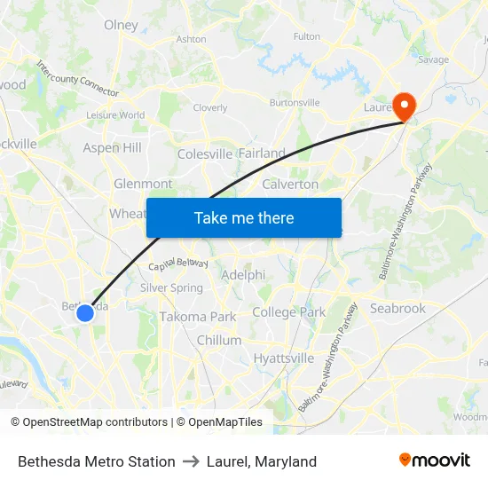 Bethesda Metro Station to Laurel, Maryland map