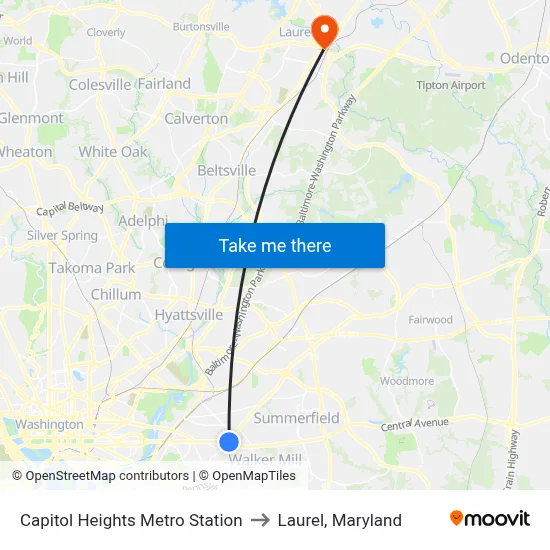 Capitol Heights Metro Station to Laurel, Maryland map