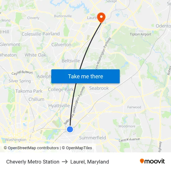 Cheverly Metro Station to Laurel, Maryland map