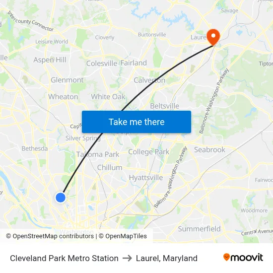 Cleveland Park Metro Station to Laurel, Maryland map