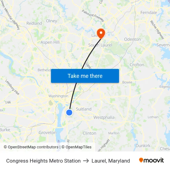 Congress Heights Metro Station to Laurel, Maryland map