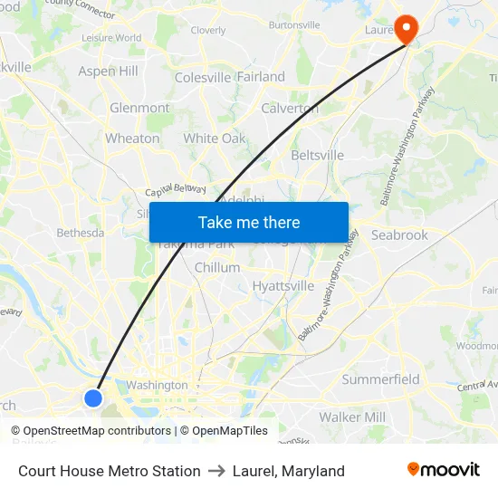 Court House Metro Station to Laurel, Maryland map