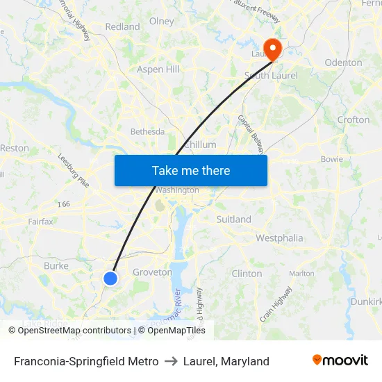 Franconia-Springfield Metro to Laurel, Maryland map