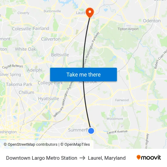 Downtown Largo Metro Station to Laurel, Maryland map