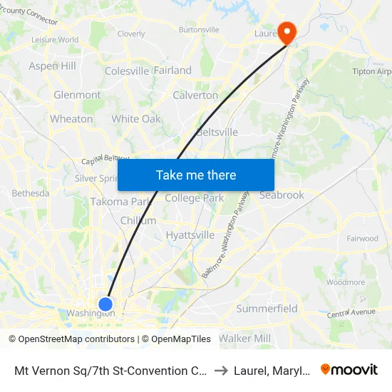 Mt Vernon Sq/7th St-Convention Center to Laurel, Maryland map
