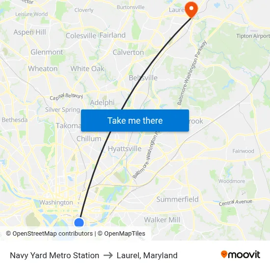 Navy Yard Metro Station to Laurel, Maryland map