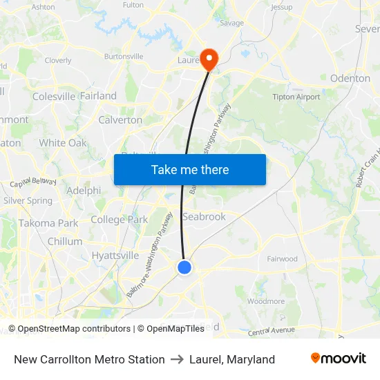 New Carrollton Metro Station to Laurel, Maryland map