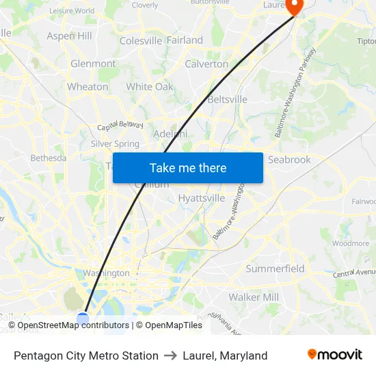 Pentagon City Metro Station to Laurel, Maryland map